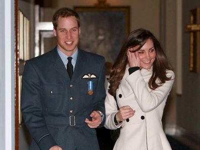 Britain's Prince William and his girlfriend Kate Middleton walk together at RAF Cranwell, England, April 11, 2008, after William received his RAF wings from his father, Prince Charles. 