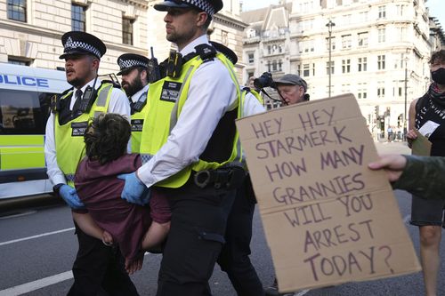 Os policiais carregam um manifestante durante um protesto para apoiar a ação da Palestina em Londres, sábado, 6 de setembro de 2025. (AP Photo/Joanna Chan)