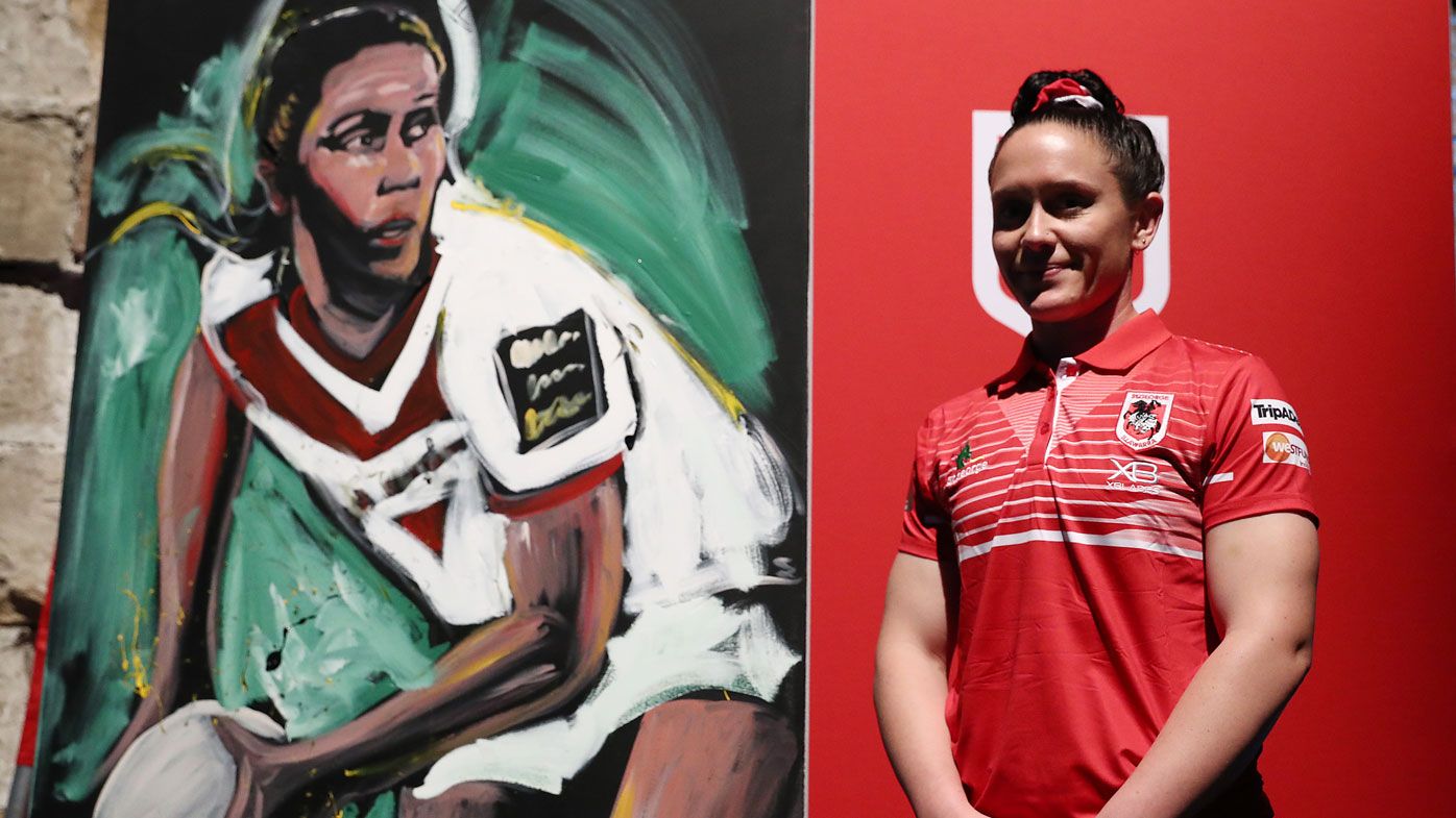 Brittany Breayley of the Dragons poses next to a painting of herself during the NRL Women's Premiership 2019 Season launch