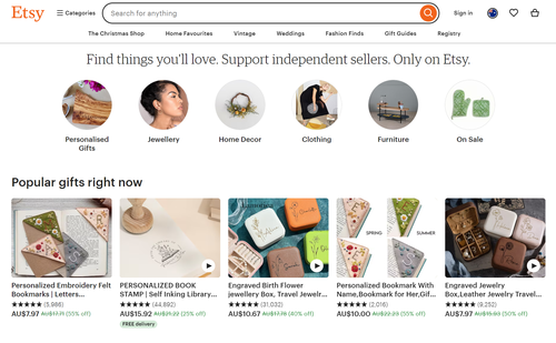 A screen shot of Etsy's website