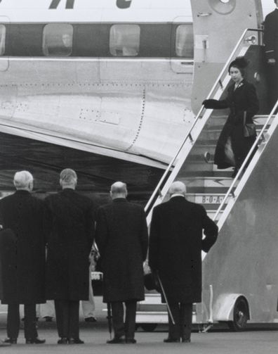 The Queen arriving at London Airport from Kenya, February 7th 1952, following the death of King George VI and her accession to the throne. She is being met by Mr Churchill, Mr Attlee, Mr Eden and Lord Woolton.