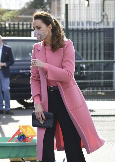 Kate Middleton, Duchess of Cambridge looks around the playground during a visit with Prince William to School21, a school in east London, Thursday March 11, 2021