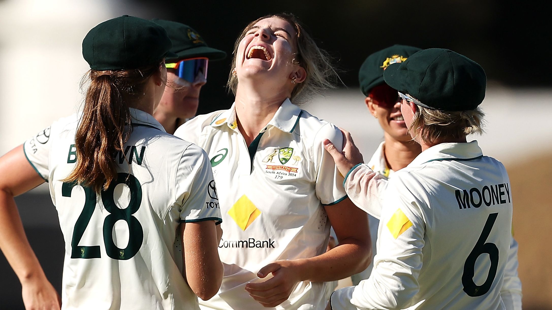 Annabel Sutherland of Australia celebrates with her team after taking the wicket of Chloe Tryon of South Africa during day three of the Women&#x27;s Test Match between Australia and South Africa at WACA on February 17, 2024 in Perth, Australia. (Photo by Paul Kane/Getty Images)