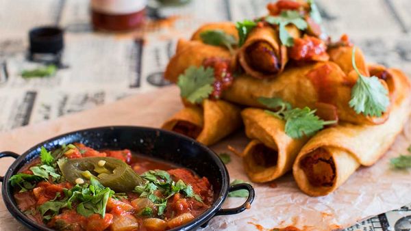 Roast pumpkin flautas with sweet and spicy salsa recipe