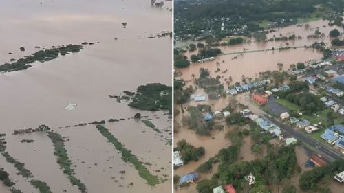 Vue aérienne de Lismore et des inondations qui imprègnent la ville.