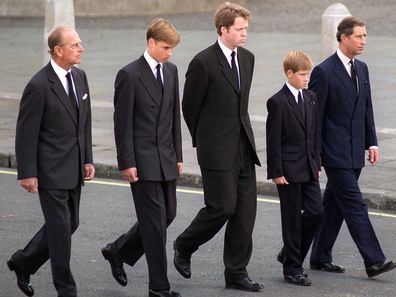 The Duke Of Edinburgh, Prince William, Earl Spencer, Prince Harry And The Prince Of Wales Following The Coffin Of Diana, Princess Of Wales  (Photo by Tim Graham Photo Library via Getty Images)