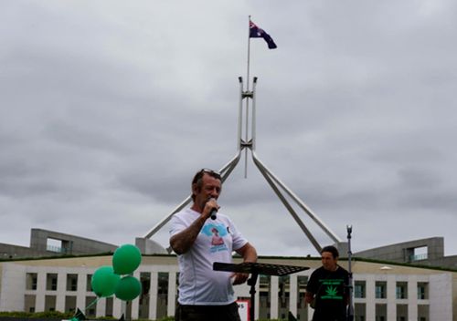 Craig Goodwin speaks at a medicinal cannabis rally in Canberra on February 8. Campaigners met with politicians Pauline Hanson and Derryn Hinch, raising their concerns about access to medicine. Source: Supplied
