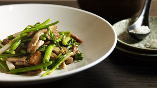 Neil Perry: Stir-fried salt pork with garlic chives and garlic stems