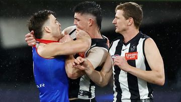 MELBOURNE, AUSTRALIA - SEPTEMBER 07: Brayden Maynard of the Magpies and Jack Viney of the Demons clash during the 2023 AFL First Qualifying Final match between the Collingwood Magpies and the Melbourne Demons at Melbourne Cricket Ground on September 07, 2023 in Melbourne, Australia. (Photo by Michael Willson/AFL Photos via Getty Images)