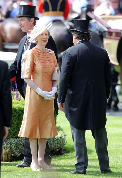 Princess Anne, Princess Royal speaks with Sir Francis Brooke as they arrive in the parade ring during Royal Ascot 2022 at Ascot Racecourse on June 16, 2022 in Ascot, England. 