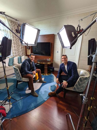 Sam Asghari poses for a photo with ABC News' Will Reeve. 