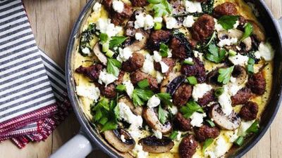 Recipe: <a href="http://kitchen.nine.com.au/2016/05/20/10/08/sausage-kale-mushroom-and-feta-omelette" target="_top">Sausage, kale, mushroom and feta omelette<br />
</a><br />