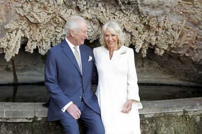 In this photo provided by Buckingham Palace, Britain's King Charles III and Queen Camilla pose for a portrait at Villa Wolkonsky, in Rome, Italy, Monday, April 7, 2025. (Chris Jackson/Getty Images for Buckingham Palace via AP)