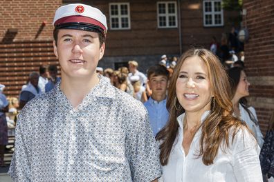 ORDRUP, DENMARK - JUNE 24: Crown Prince Christian and Queen Mary meet the press as The Crown Prince Christian of Denmark attends his Graduation Ceremony at Ordrup Gymnasium on June 24, 2024 in Ordrup, Denmark. (Photo by Martin Sylvest Andersen/Getty Images)
