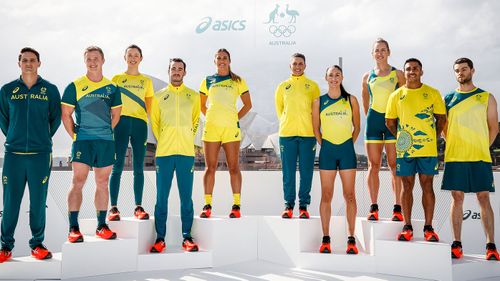 Australian athletes pose during the Australian Olympic Team Tokyo 2020 uniform unveiling at the Overseas Passenger Terminal on March 31, 2021 in Sydney, Australia. (Photo by Hanna Lassen/Getty Images)