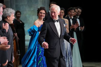 LONDON, UNITED KINGDOM - MAY 16: King Charles III reacts as he meets with the cast of a special Gala performance, on the day of an event celebrating Antonio Pappano's 22 years as Music Director at the Royal Opera House on May 16, 2024 in London, England.  (Photo by Isabel Infantes-WPA Pool/Getty Images)