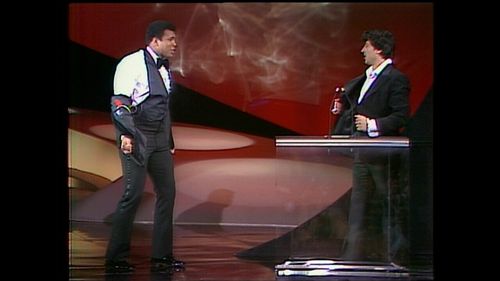 Sylvester Stallone and Muhammad Ali squaring off onstage in 1976.