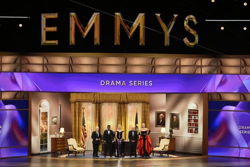 Martin Sheen, from left, Dule Hill, Janel Moloney, Richard Schiff, and Allison Janney present the award for outstanding drama series during the 76th Primetime Emmy Awards on Sunday, Sept. 15, 2024, at the Peacock Theater in Los Angeles. 