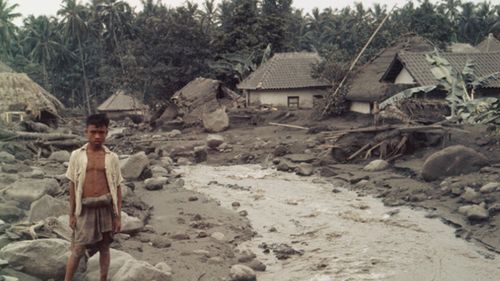 Destruction of neighbouring villages after 1963 eruption of Agung volcano in Bali. (AAP)