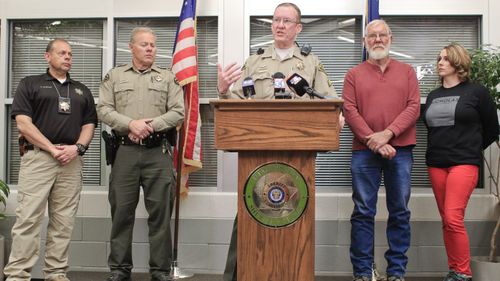 Sgt. Spencer Cannon, public information officer for Utah County Sheriff's office, answers questions at the end of the press conference at the Utah County Sheriff's office on Thursday, March 29, 2018, in Spanish Fork, Utah. (Evan Cobb/The Daily Herald via AP)