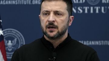 Ukrainian President Volodymyr Zelenskyy speaks at the Ronald Reagan Institute