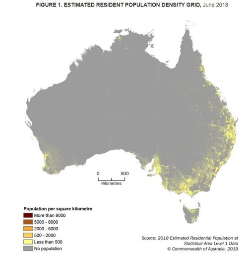 The yellow highlights the most densely populated area in Australia. 