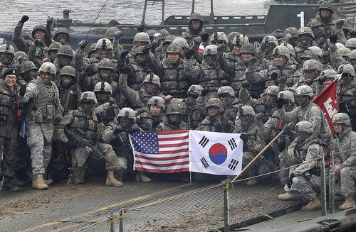 US and South Korean forces pose for a joint photo at the end of a series of wargames in Yeonchen 2015. Picture: AP 