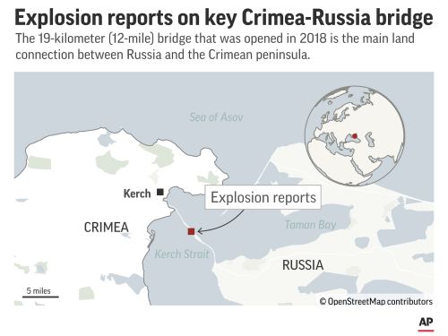 KERCH STRAIT map, with CRIMEA, RUSSIA, KERCH, KERCH STRAIT, TAMAN BAY and SEA OF ASOMOV locators, partial graphic