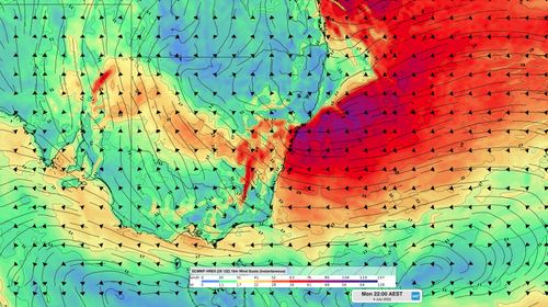 Forecast wind gust speed and direction at 10pm AEST on Monday, July 4, according to the ECMWF-HRES model.
