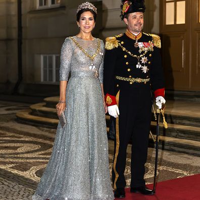 Crown Princess Mary of Denmark and Crown Prince Frederik of Denmark arrive at Queen Margrethe of Denmark's New Year's levee and banquet at Amalienborg Royal Palace on January 1, 2023.