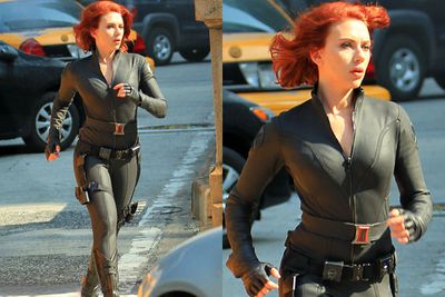 Reow! ScarJo scorches in a tight leather catsuit on the set of <i>The Avengers</i>.