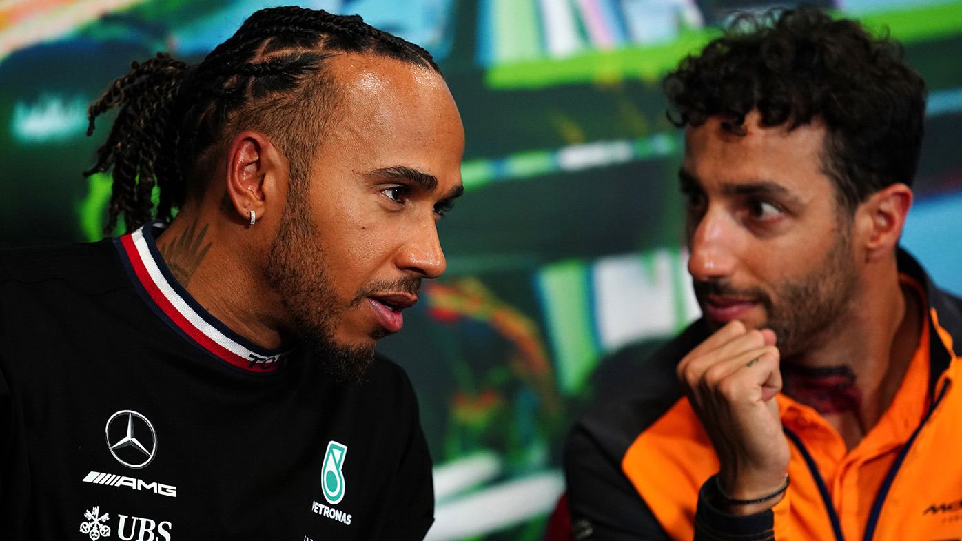 Mercedes&#x27; Lewis Hamilton and McLaren&#x27;s Daniel Ricciardo during the preparation day at the Italian Grand Prix, Monza. Picture date: Thursday September 8, 2022. (Photo by David Davies/PA Images via Getty Images)