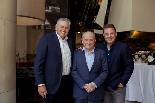 Ray Hadley with Johnny Tapp and Ben Fordham at his 150th survey win celebratory lunch at glass brasserie at the Hilton Hotel in Sydney on August 10, 2023. Photo: Dominic Lorrimer