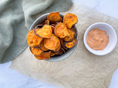 Homemade sweet potato and garlic chips