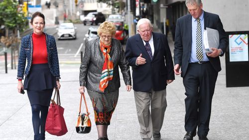 Kate Greer, her parents Mary and Henry Wagner and brother Denis Wagner leave the Supreme Court in Brisbane, Thursday, June 14, 2018. Picture: AAP