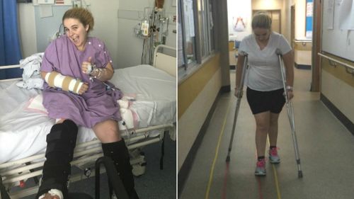Ms McDonald spent three weeks in hospital (left) and three months in rehabilitation where she had to learn to walk again (right). Pictures: Jade McDonald