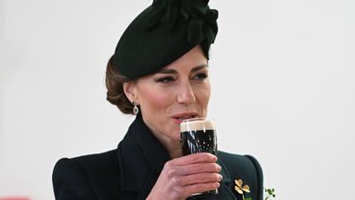 London, England - March 17: Catherine, Princess of Wales in her role as Colonel, Irish guards, takes a sip of Guinness during a visit to the Irish guards of 2025 'San Patricio's Day Parade in the Wellington Barracks on March 17, 2025 in London, England. Catherine, Princess of Wales attends the parade as a regiment colonel. (Photo by Eddie Mulholland - WPA Pool/Getty Images)