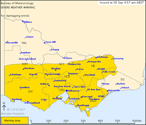 A severe weather warning for damaging winds is in place for the majority of Victoria. (BoM)