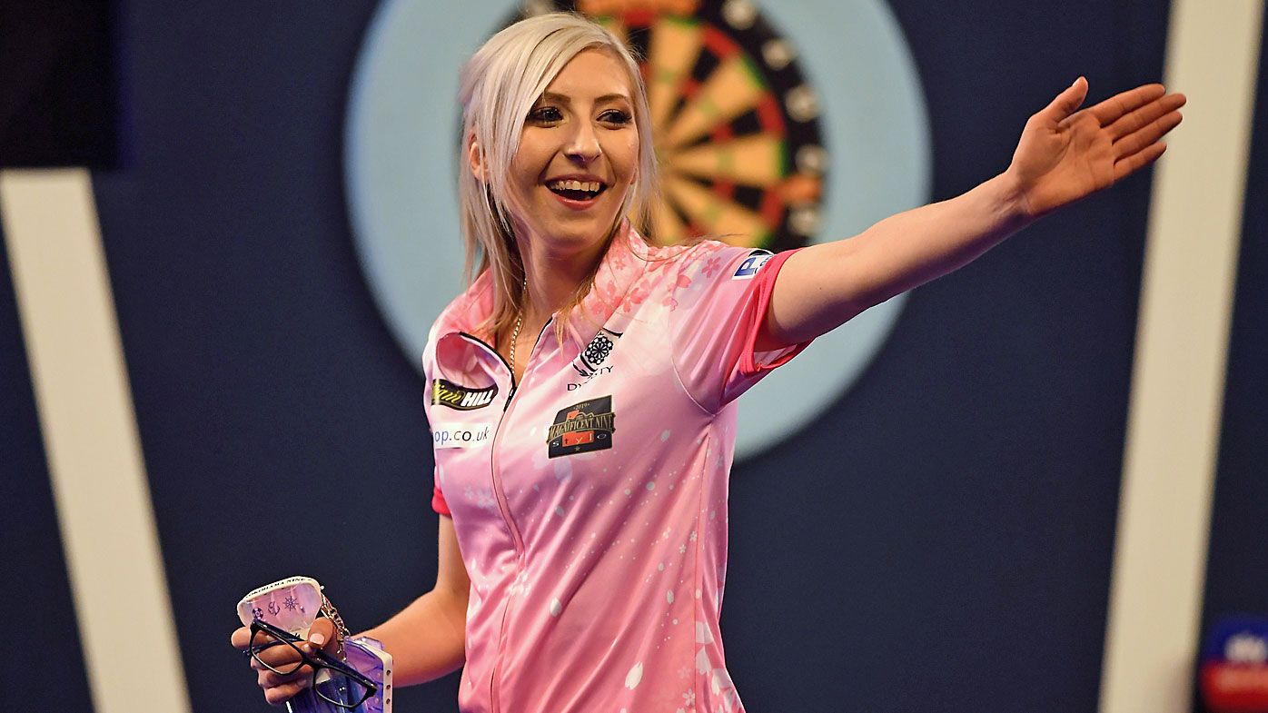 Fallon Sherrock reacts after winning her 1st round game against Ted Evetts to become the first female to win a game in the PDC World Championships