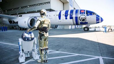 All Nippon Airways (ANA), Japan's largest airline, has unveiled their Star Wars themed plane in Washington, US over the weekend with another two planes with the theme expected to be revealed. (AAP)