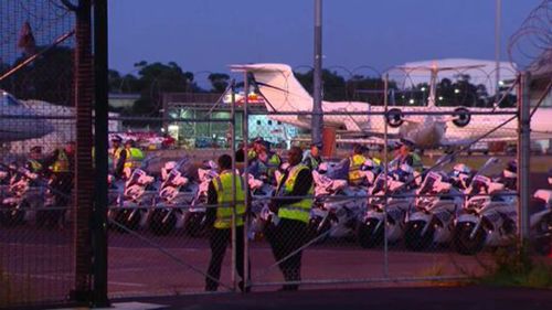 Dozens of police motorbikes waiting for Mr Netanyahu's arrival. (9NEWS)