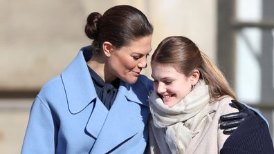 Crown Princess Victoria of Sweden, Princess Estelle of Sweden and Princess Estelle of Sweden share a moment during the Crown Princess&#x27; Name Day celebration at The Royal Palace on March 12, 2024 in Stockholm, Sweden. 