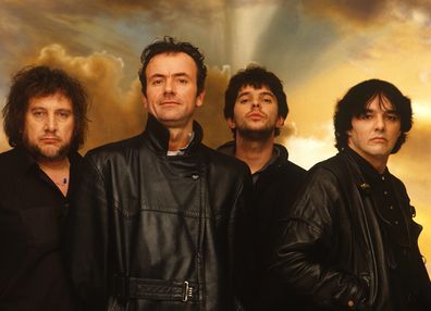 The Stranglers posed in London in May 1988. L-R Jet Black, Hugh Cornwell, Jean-Jacques Burnel and Dave Greenfield.