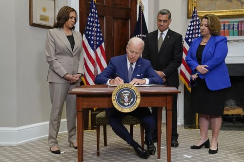 US Vice President Kamala Harris, Health, US President Joe Biden and Human Services Secretary Xavier Becerra, and Deputy Attorney General Lisa Monaco