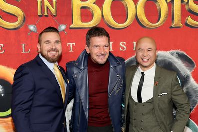 Director Joel Crawford, Antonio Banderas and co-director Januel Mercado attend the "Puss In Boots: The Last Wish" World Premiere at Frederick P. Rose Hall, Jazz at Lincoln Center on December 13, 2022 in New York City. 