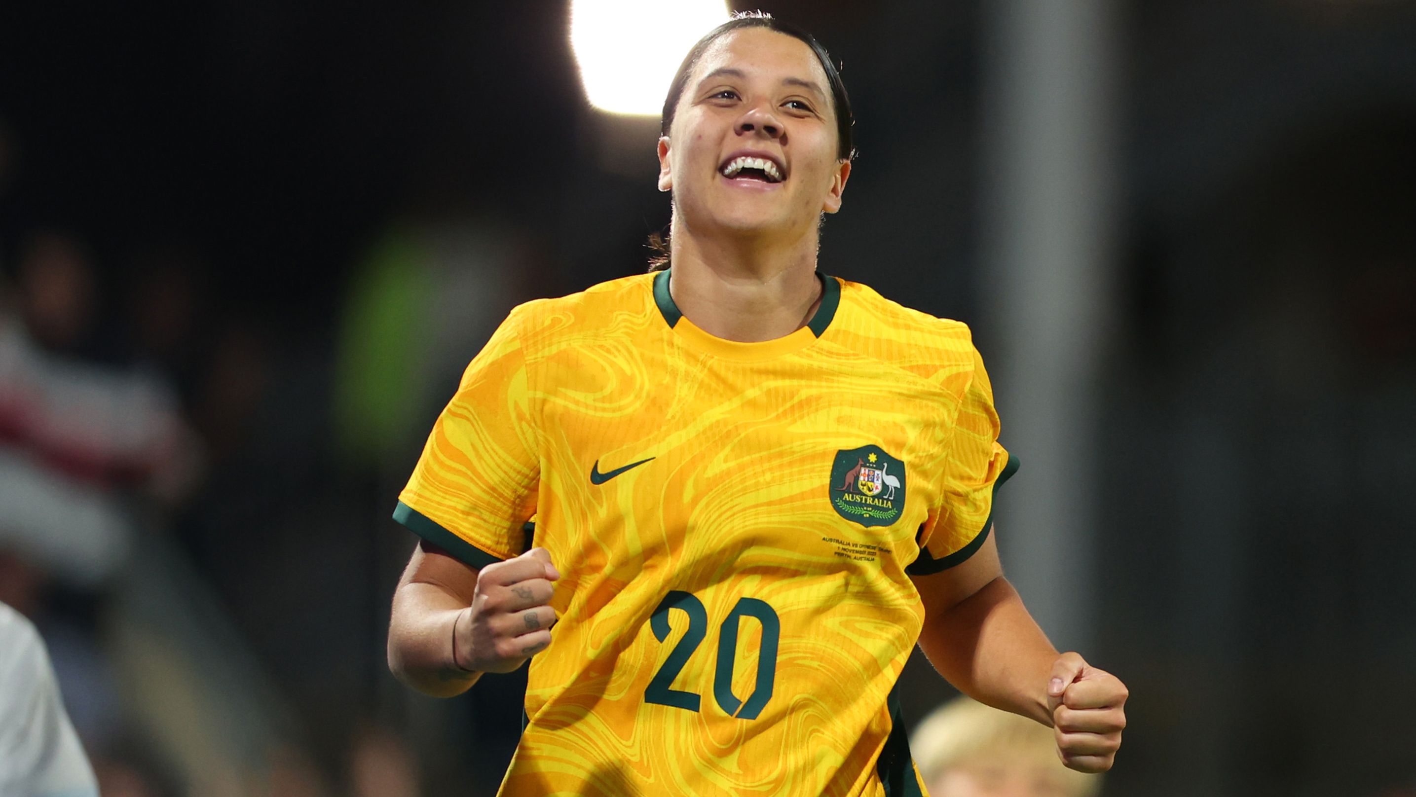 PERTH, AUSTRALIA - NOVEMBER 01: Sam Kerr of the Matildas celebrates her goal during the AFC Women&#x27;s Asian Olympic Qualifier match between Australia Matildas and Chinese Taipei at HBF Park on November 01, 2023 in Perth, Australia. (Photo by James Worsfold/Getty Images)