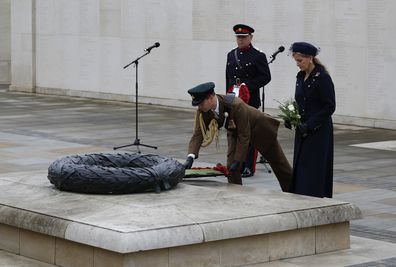 Prince Edward, Earl of Wessex and Sophie, Countess of Wessex lay wreaths on the Armed Forces Memorial during Armistice Day commemorations at the National Memorial Arboretum on November 11, 2020 in Stafford, England. A small number of visitors were invited to watch in person, however, due to the covid-19 pandemic, the service was also streamed on YouTube and Facebook. (Photo by Darren Staples/Getty Images)