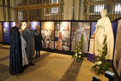 King Charles III of the United Kingdom and Camilla, Queen Consort are shown a scaled replica of the statue of Queen Elizabeth II that they will unveil later during a visit to York Minster and to meet people from the Cathedral and the City of York, during an official visit to Yorkshire on November 9, 2022 in York, England