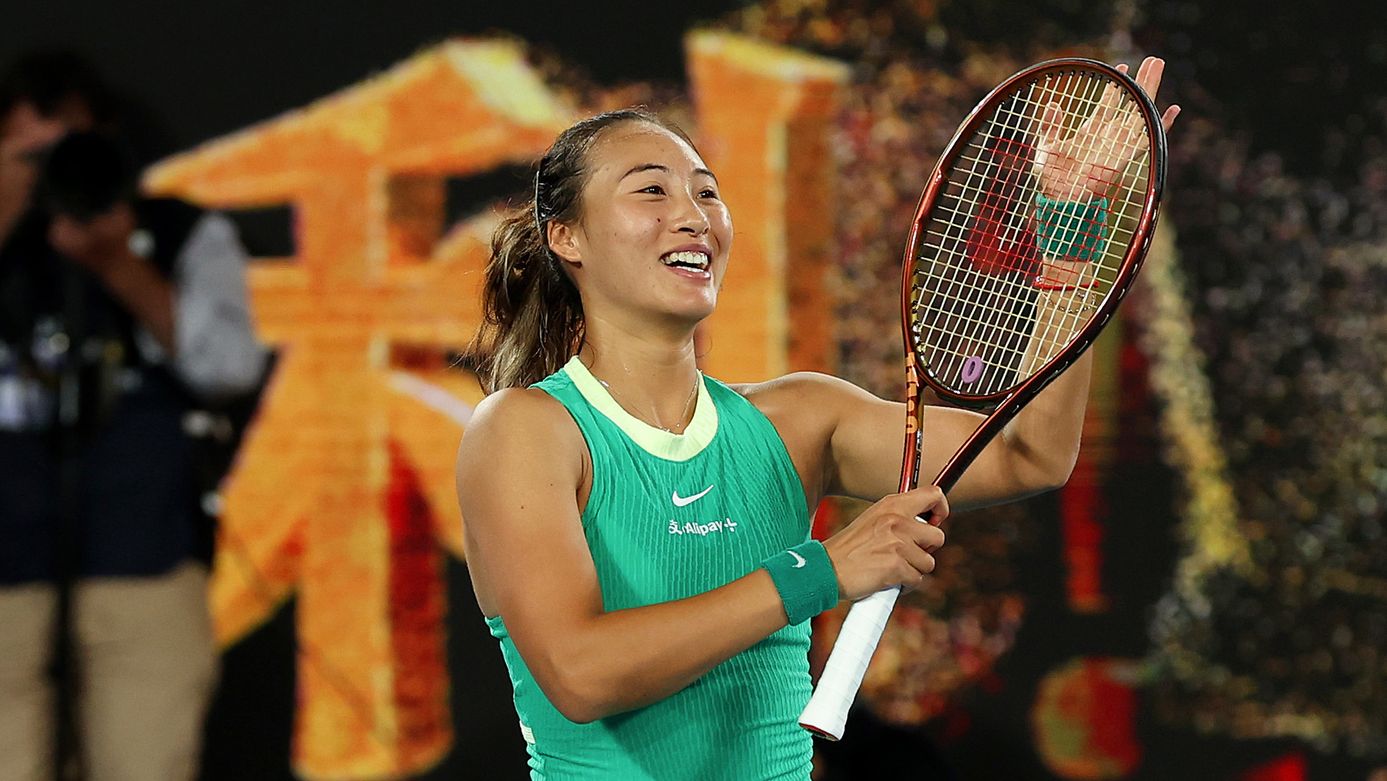 Qinwen Zheng of China celebrates winning their Semi Final singles match against Dayana Yastremska of Ukraine during the 2024 Australian Open at Melbourne Park on January 25, 2024 in Melbourne, Australia. (Photo by Julian Finney/Getty Images)