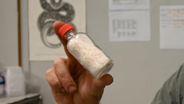 Billy Collett, Operations Manager at Australian Reptile Park holds up a vial of freeze-dried crystallised taipan venom. 